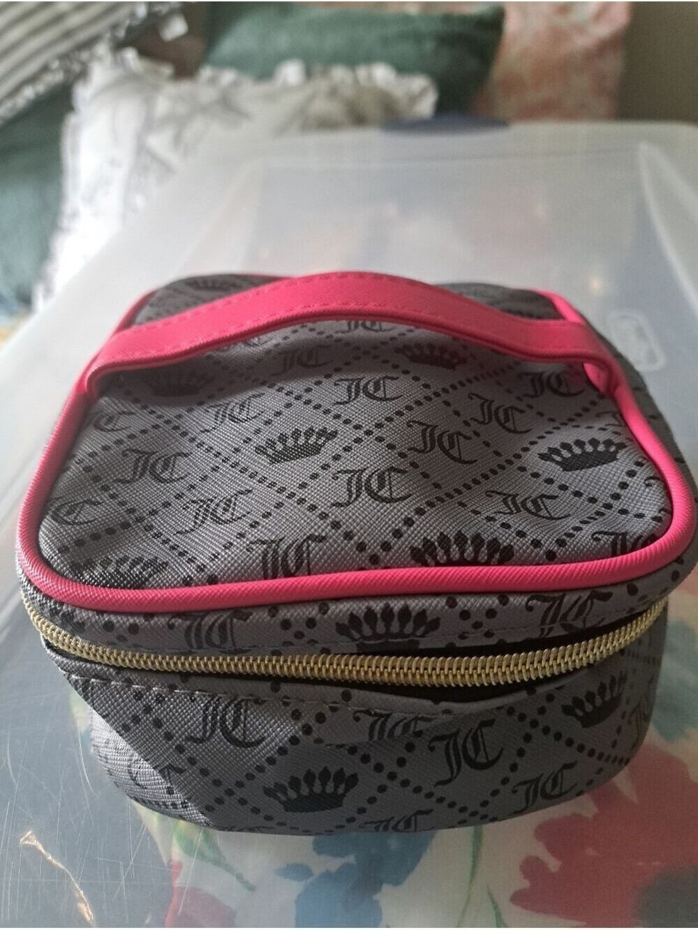Juicy Couture Monogram Cosmetic Travel Case with Hot Pink Trim square zip around - Picture 2 of 6